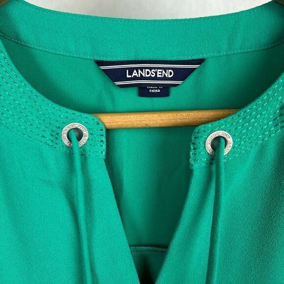 Lands' End Shift Dress Sz 8P Green Tie Slit Neck Short Sleeve Side Pockets - Picture 4 of 8